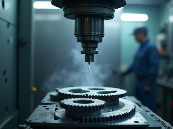 Dentatura ingranaggi in officina su macchina CNC con lubrorefrigerante e pezzi in produzione